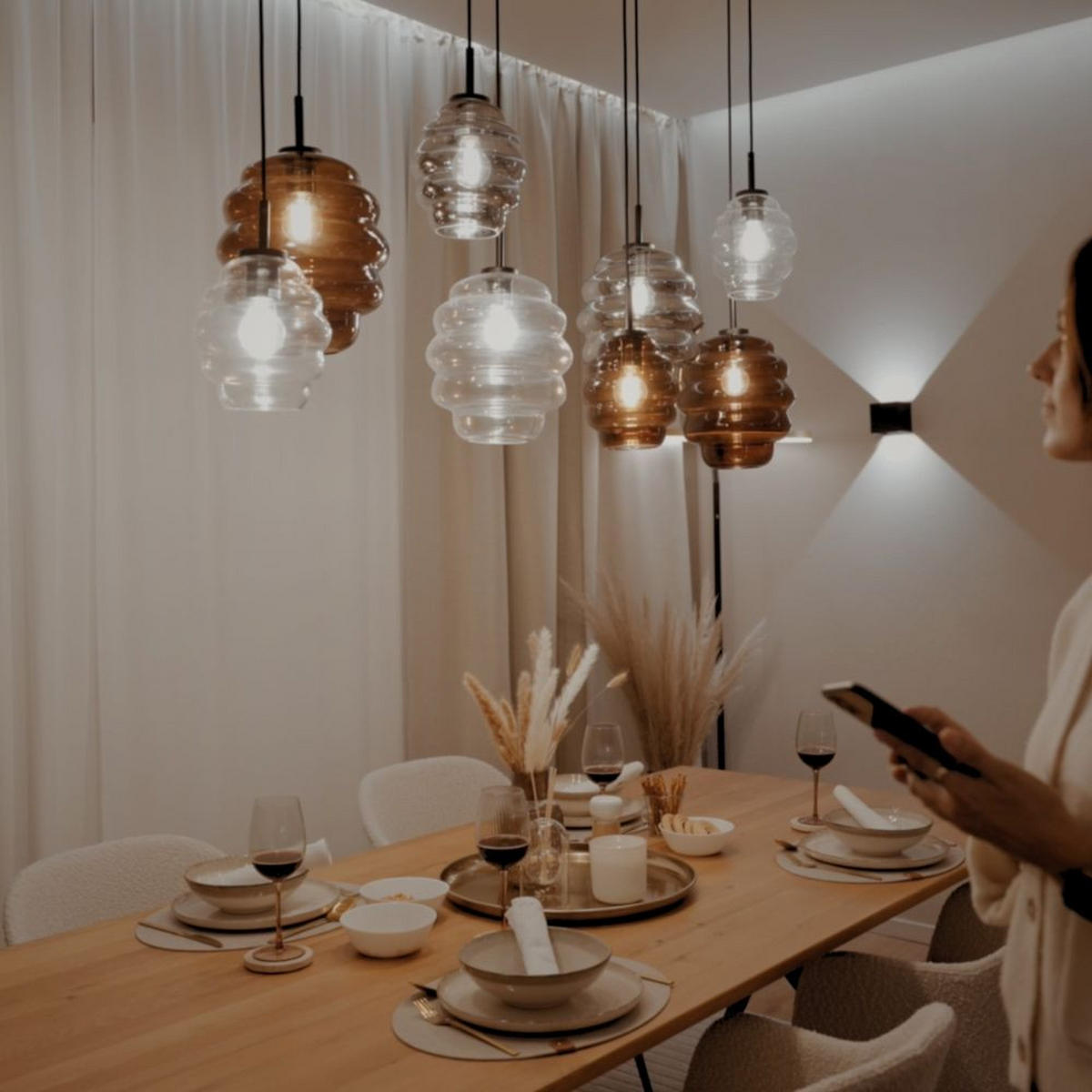 ECHOS lampa do jedálne 12 svetiel 200cm 3-radová Ø 18/25cm - biela/číre, sklo (18/18/20cm) - s.luce