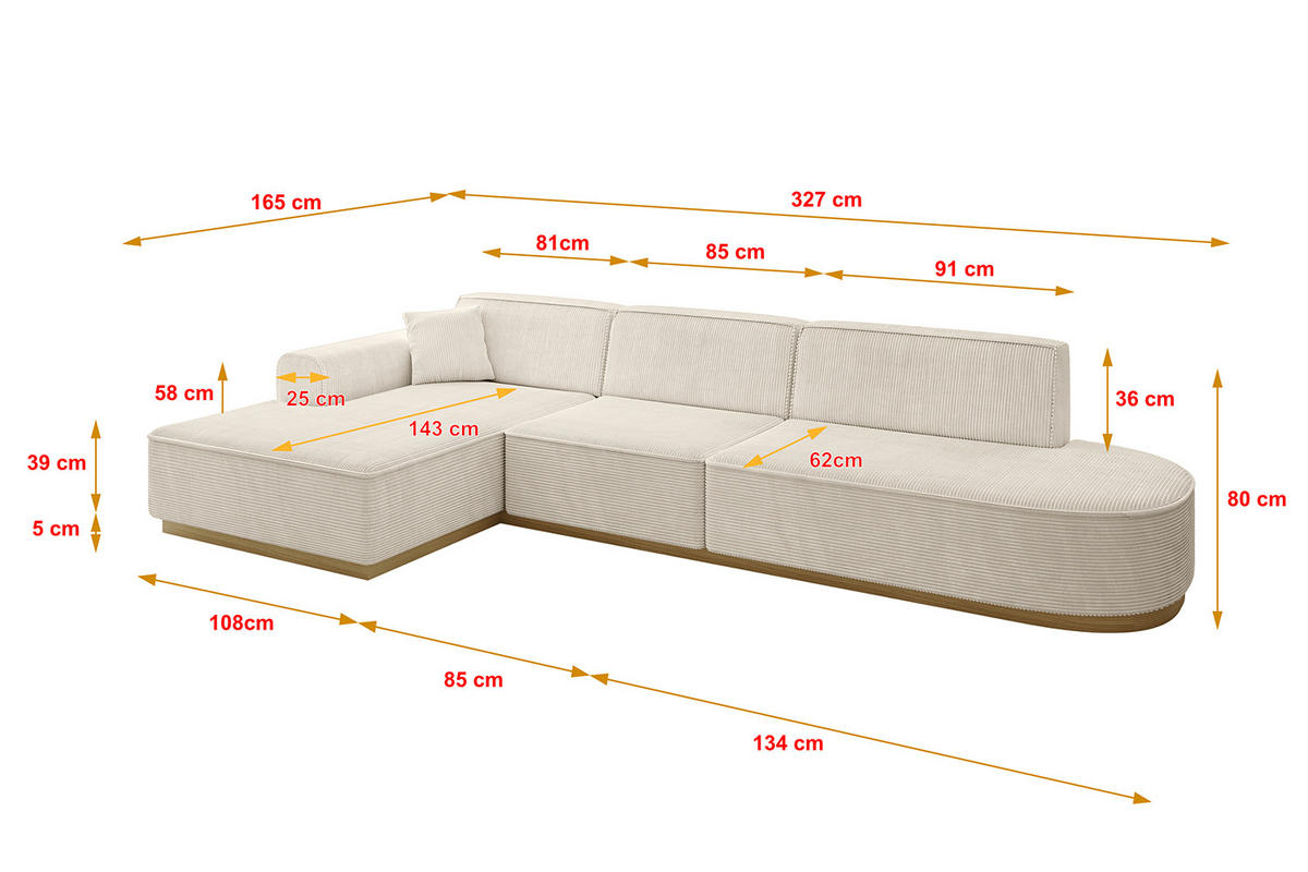 ECKSOFA Ottomane Links IREA-L2-v2 - 327x165x80 cm Beige - Beige, Holzwerkstoff/Textil (327/165cm) - ALTDECOR