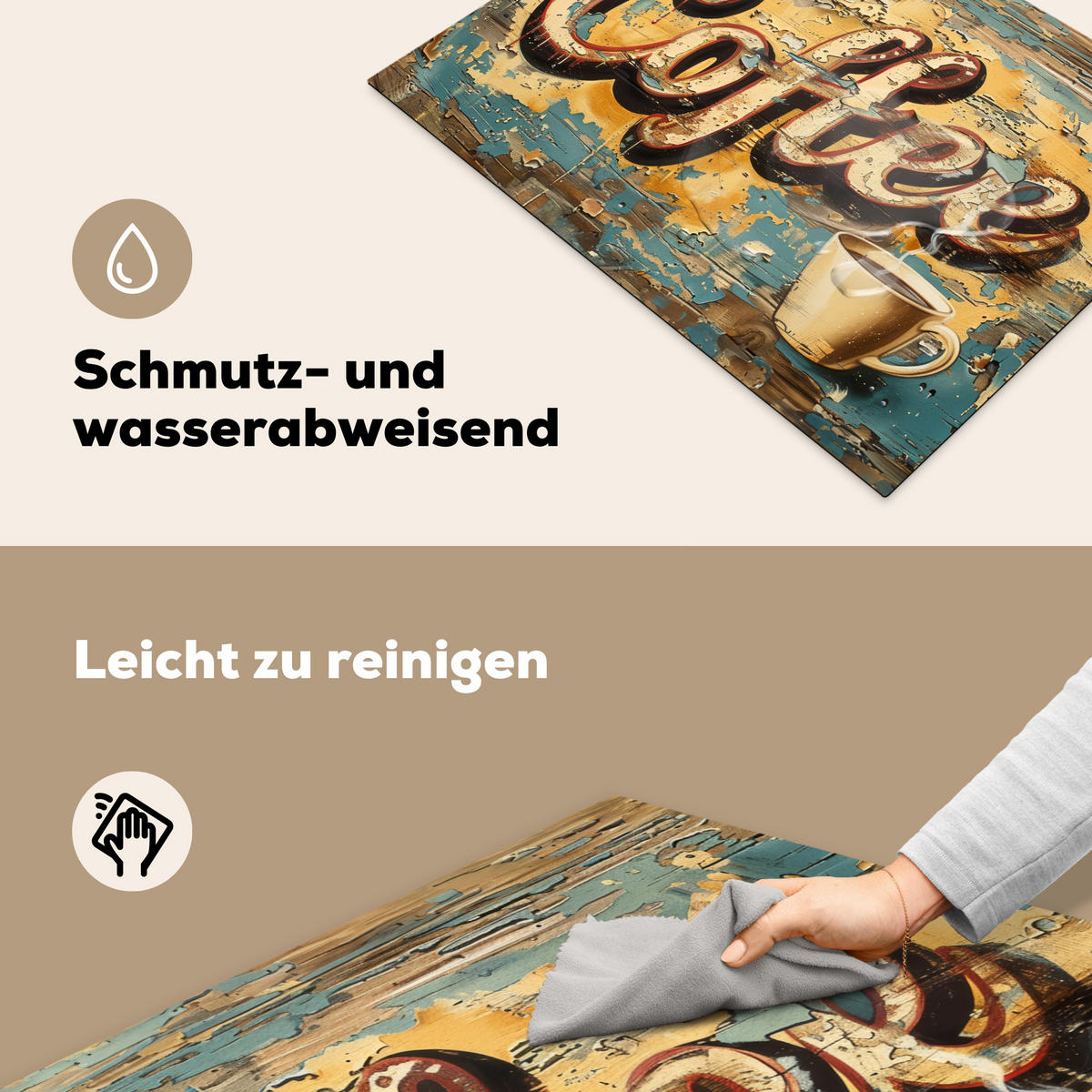 HERDABDECKPLATTE Kaffee - Vintage - Braun - Tasse Herdabdeckung Induktionsfeld 70x52 cm - Teakfarben, Kunststoff (70/52/0.2cm) - MuchoWow