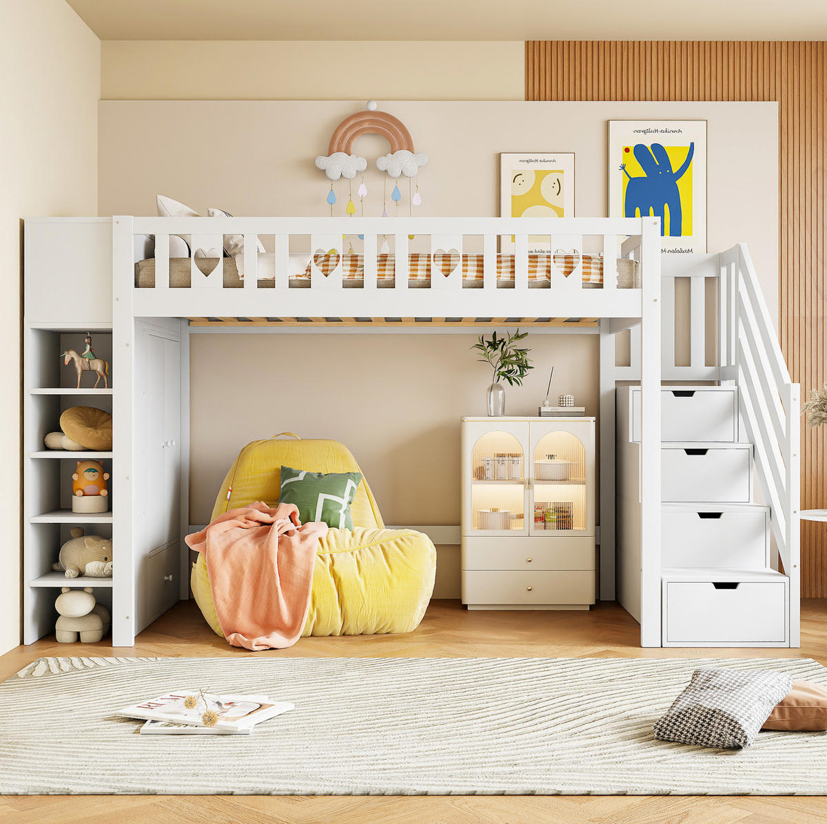 HOCHBETT 90/200 cm Weiß aus Kiefernholz und MDF mit Stauraumleiter - Weiß, Holzwerkstoff (90/200cm) - OKMYHOME