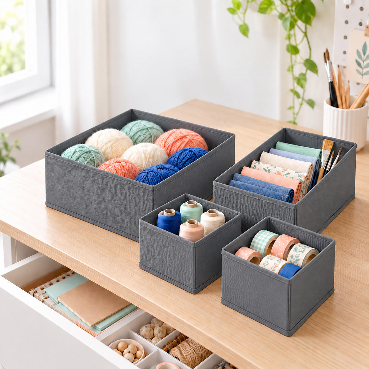 SCHUBLADENORGANIZER Grau 16er-Set Vliesstoff - Grau, Papier/Textil (28/12/28cm) - Relaxdays