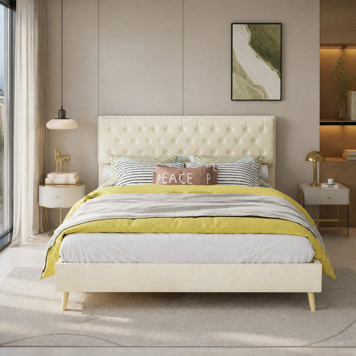 POLSTERBETT 140/200 mit Samtbezug und Stauraum unter dem Bett in Beige - Beige, Holzwerkstoff/Textil (140/200cm) - EVRYAE