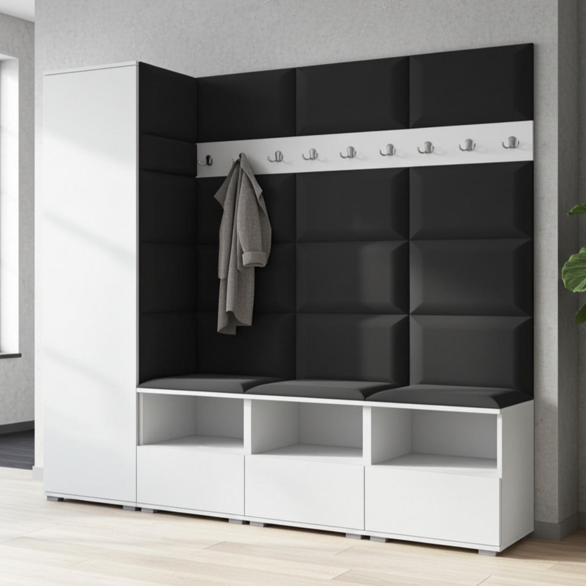 GARDEROBE NELA IX 200 cm (Modulare Flurmöbel Weiß mit Sitzpolster Schwarz 16 Breite Sitzbank) - Silberfarben/Schwarz, Holz/Holzwerkstoff (200/187/40cm) - Ravio