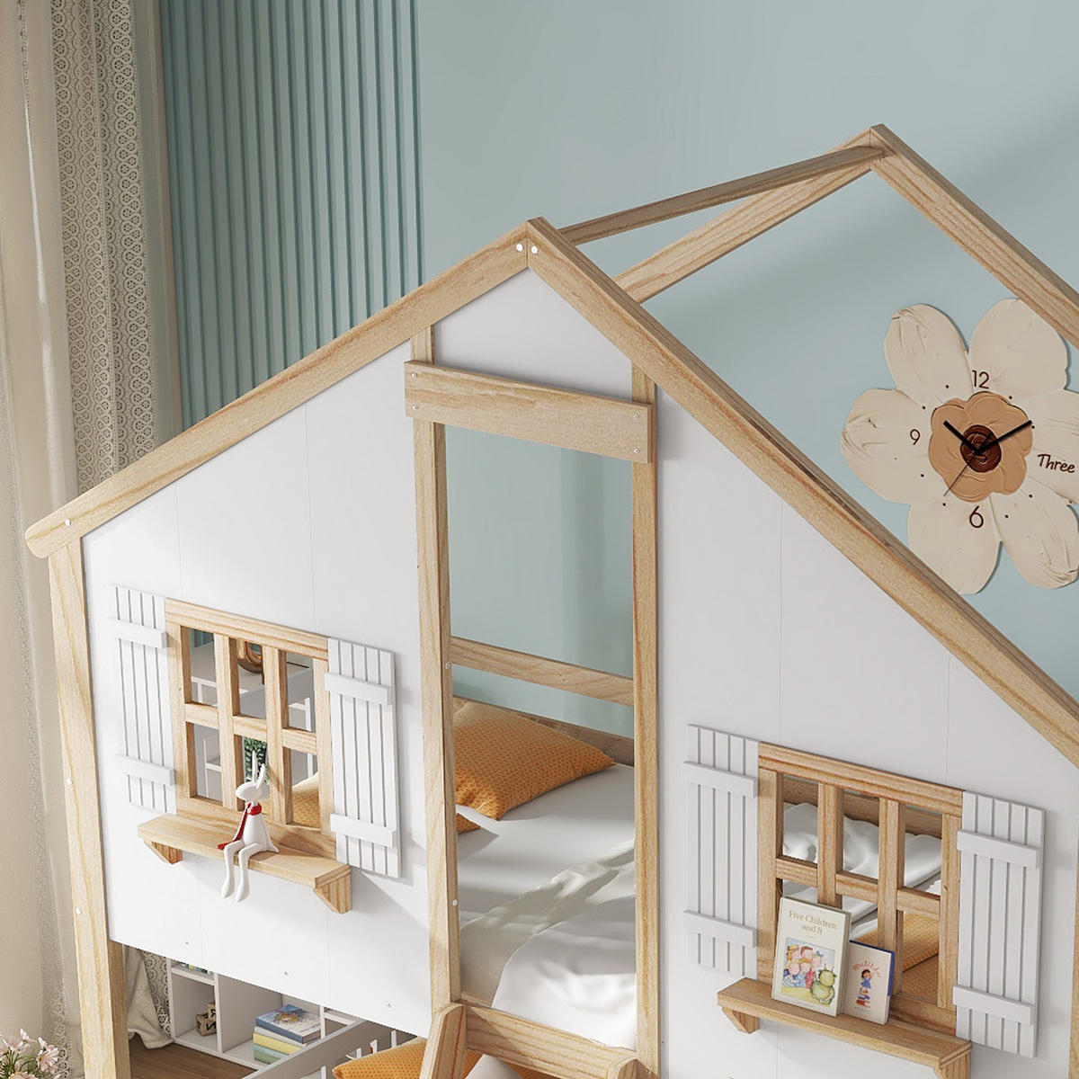 ETAGENBETT 90/200 cm Weiß+Natur mit Schrägleiter und Sicherheitsgeländern aus Kiefer und MDF - Weiß, Holzwerkstoff (90/200cm) - OKWISH