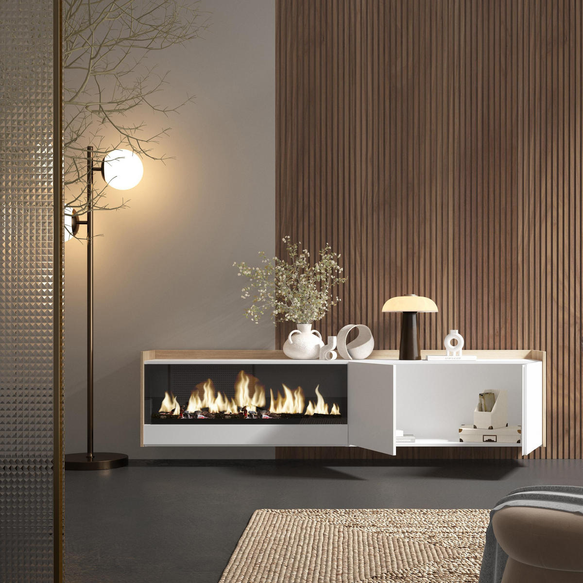 LOWBOARD, Weiß und Eiche, 212/35/50cm, Kamin mit Feuereffekt XXL - Weiß, Holzwerkstoff (212/50/35cm) - Skraut Home