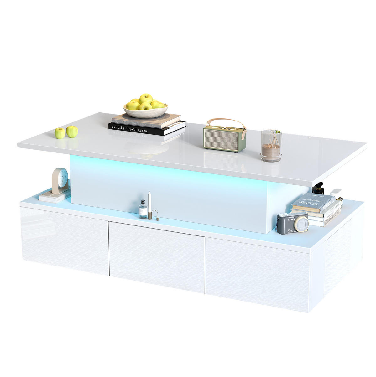 COUCHTISCH 100/50/40 cm mit Liftfunktion, LED-Beleuchtung, 4 Schubladen und verstecktem Stauraum, Weiß - Weiß, Holzwerkstoff (100/50/40cm) - Modfu