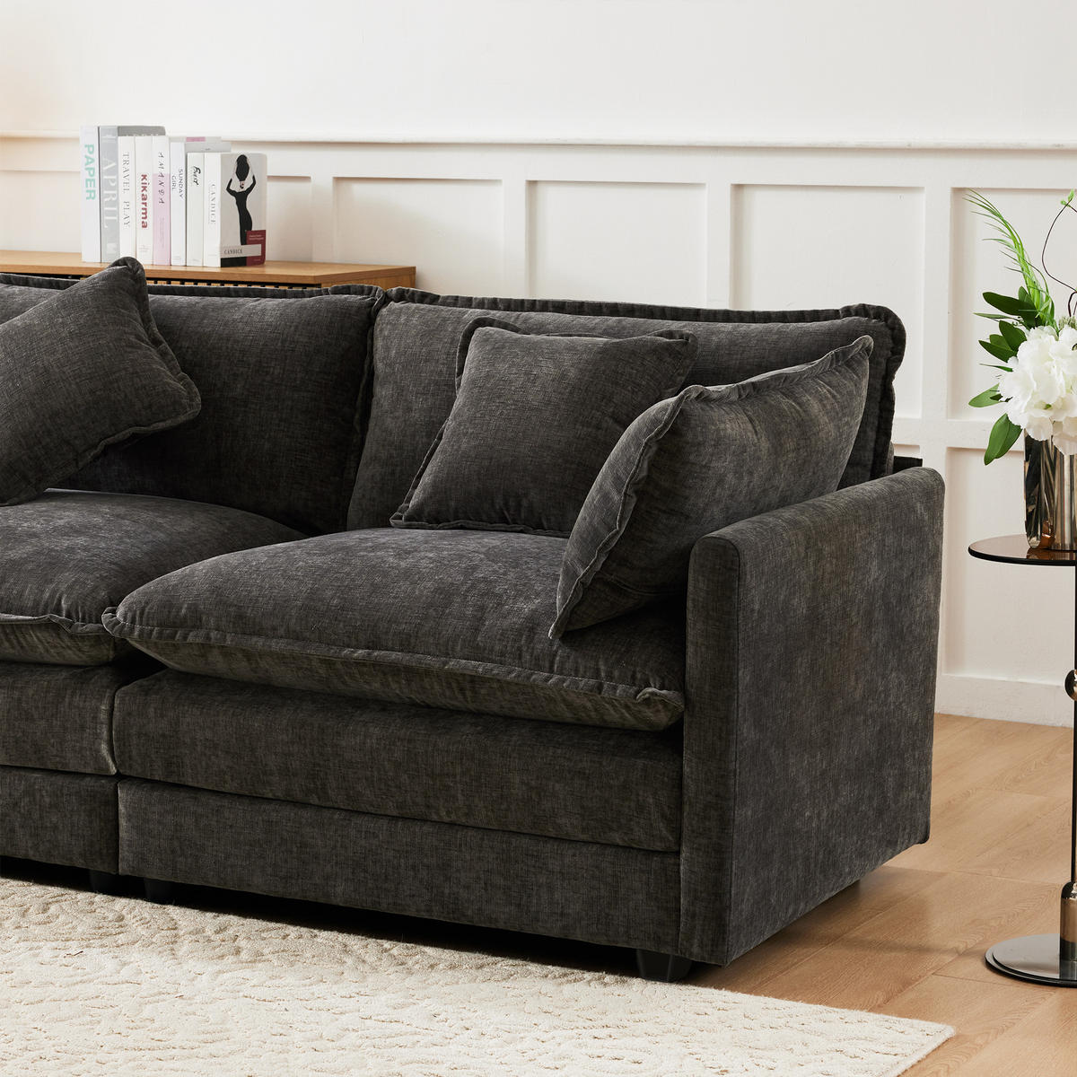 3-SITZER ECKSOFA Chenille Dunkelgrau mit Hocker und Kissen - Dunkelgrau, Holzwerkstoff/Kunststoff (283/147cm) - WISHDOR