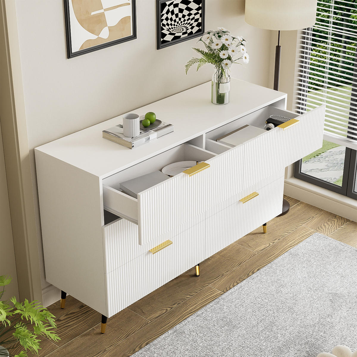KOMMODE in Weiß und Gold mit modernem Design und 6 Schubladen für Wohnzimmer, B120/T40/H77 cm - Schwarz/Weiß, Holzwerkstoff (120/77/40cm) - STILVORA