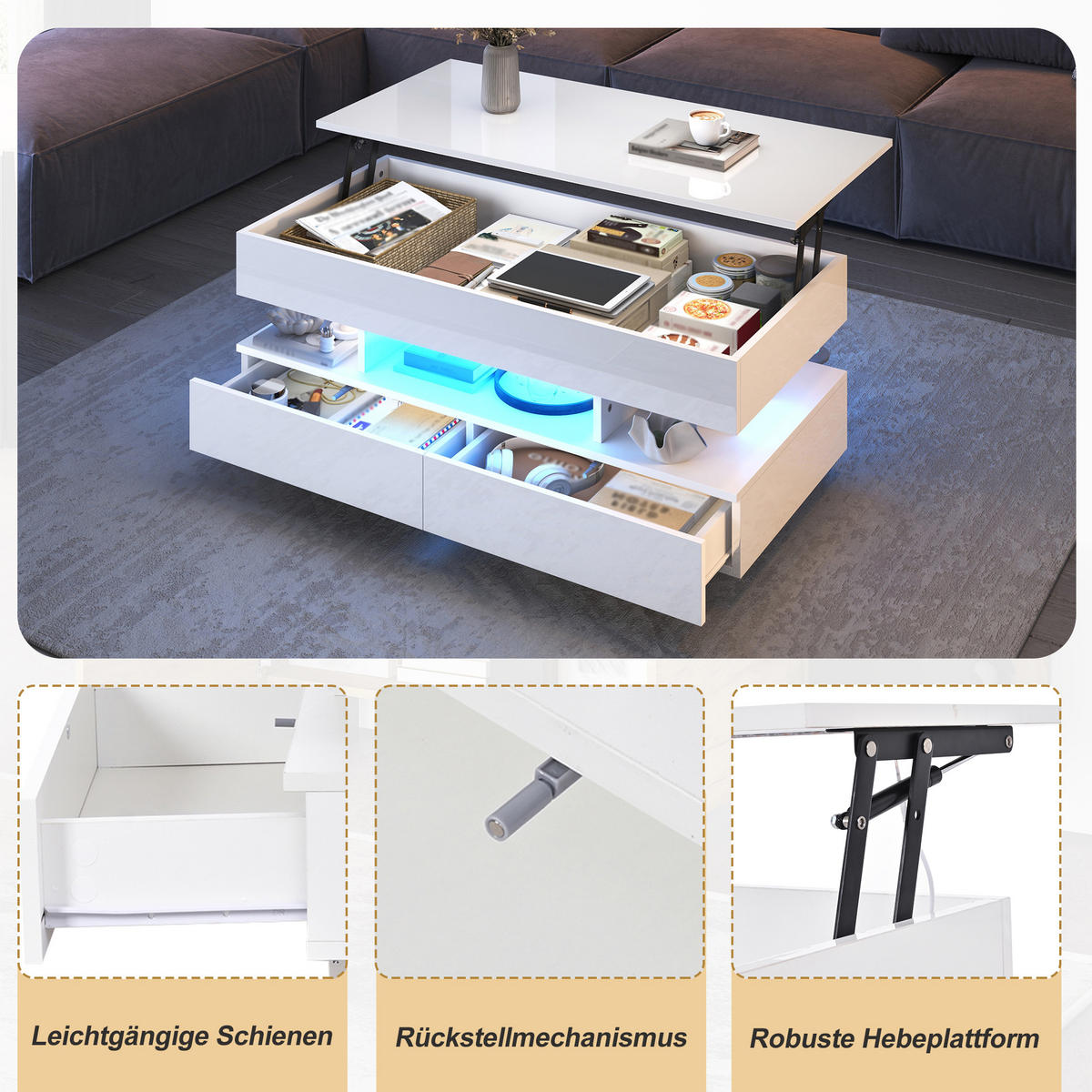 COUCHTISCH in Weiß Höhenverstellbarer Wohnzimmertisch mit LED & Stauraum, Lift-Top bis 58,5cm, 100/50/45cm - Weiß, Holzwerkstoff/Metall (50/100/45cm) - STILVORA