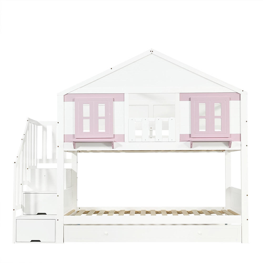 HAUSBETT 90x200cm mit Stabiler Lattenrost, Weiß+Rosa - Weiß, Holz (99/217cm) - KOMHTOM