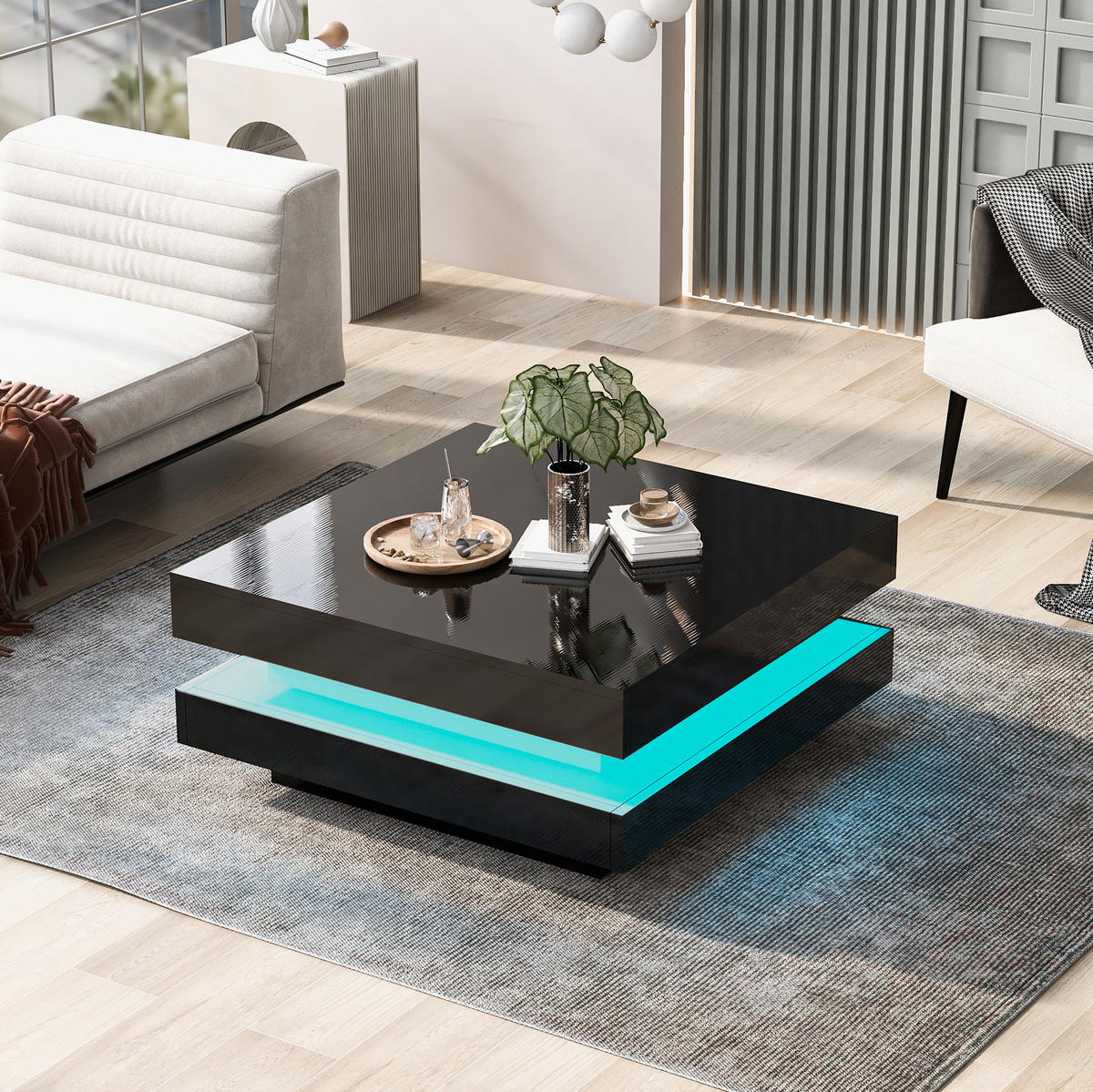 COUCHTISCH 70/70/36 cm mit LED-Beleuchtung, Bluetooth-App-Steuerung und Hochglanz-Oberfläche, Schwarz - Schwarz, Holzwerkstoff (70/70/36cm) - Redom