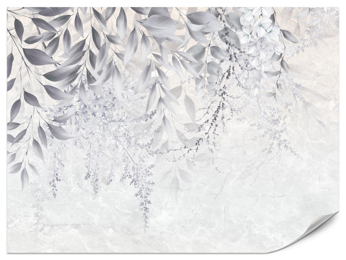 FOTOTAPETE für Schlafzimmer Subtile Rankenblätter Grau 250x175 - Weiß/Grau, Papier (250/175cm) - Muralo