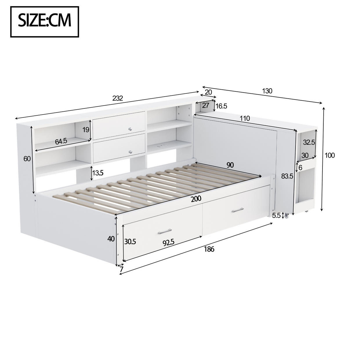 KREVET 90/200 cm s izvlačnim radnim stolom, skrivenim spremištem, 2 USB priključka i utičnicom, Bijela - bijela, drvni materijal (90/200cm) - Redom
