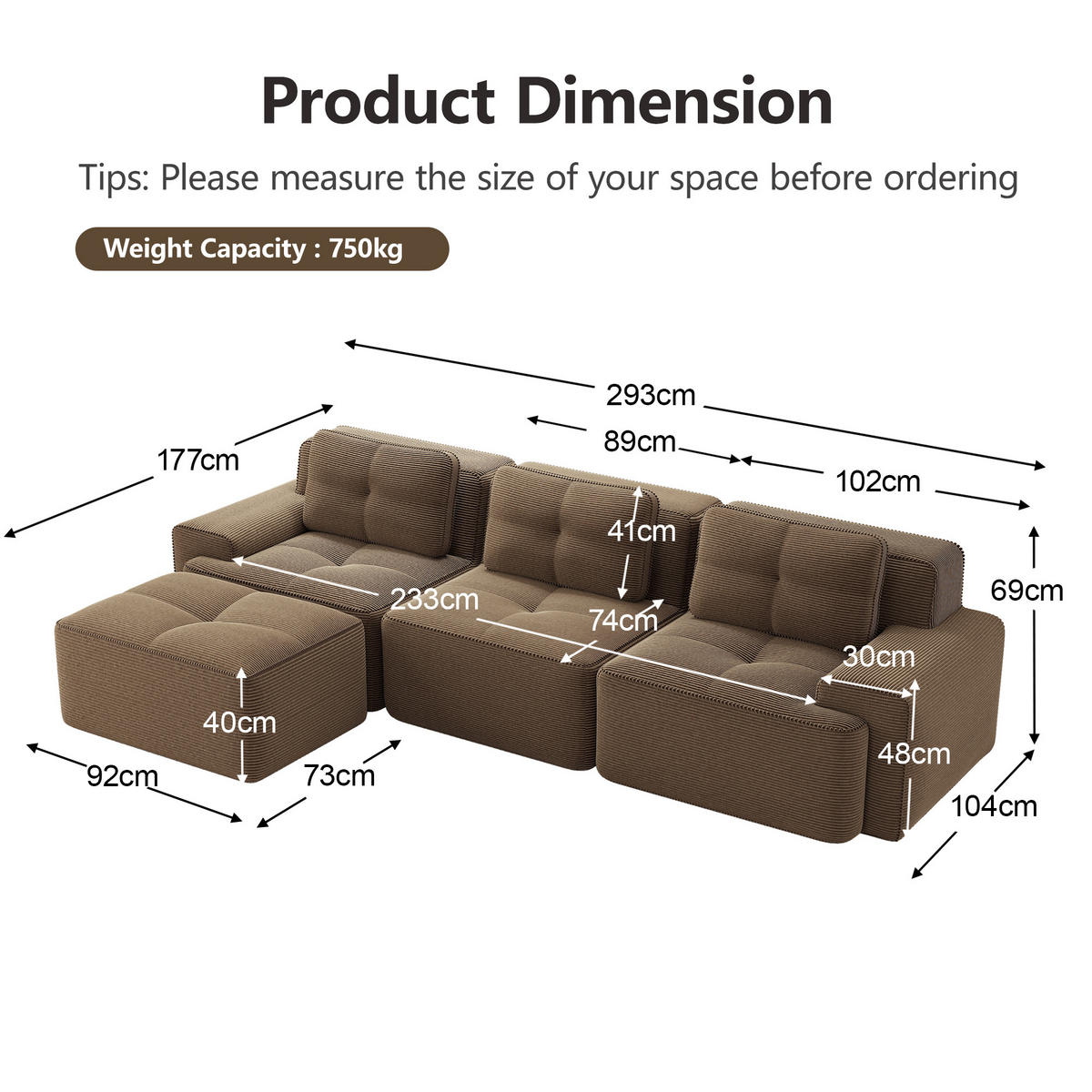 ECKSOFA Cord Braun mit Ottomane - Braun, Textil (293/177cm) - WISHDOR
