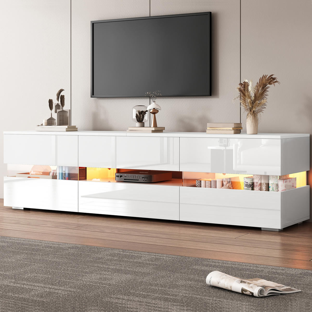 TV-SCHRANK 160/39/45 cm weiß Hochglanz mit LED-Beleuchtung 2 Türen und 1 Schublade - Weiß, Holzwerkstoff (160/45/39cm) - OKWISH