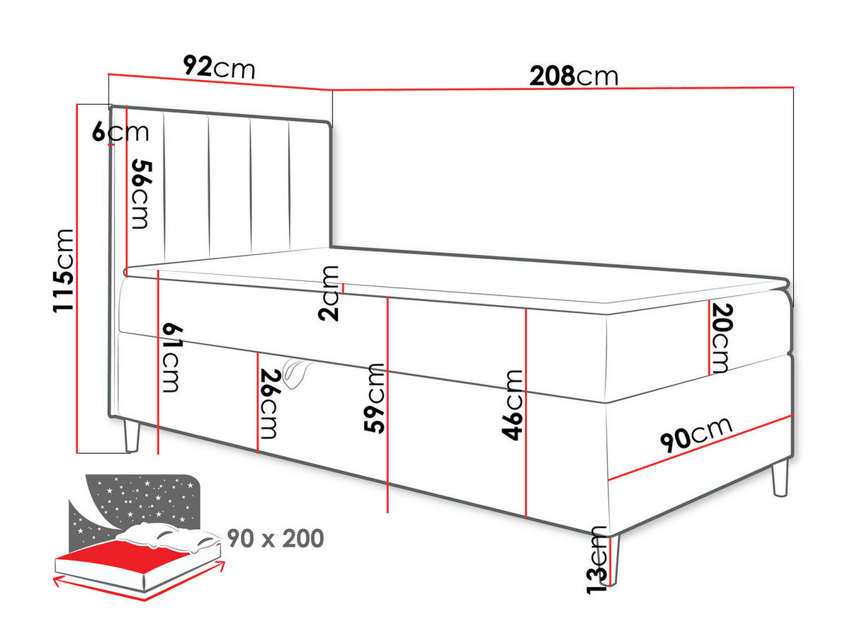 BOXBETT Maja Junior 1, Seite zum Öffnen des Bettkastens: Rechts - Schwarz/Weiß, Holz (90/200cm) - MIRJAN24