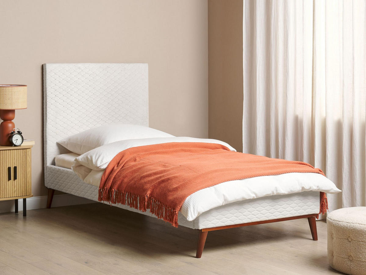 KÁRPITOZOTT ÁGY ágyráccsal 90x200 cm Fehér Bayonne - krém, textil (90/200cm) - Beliani