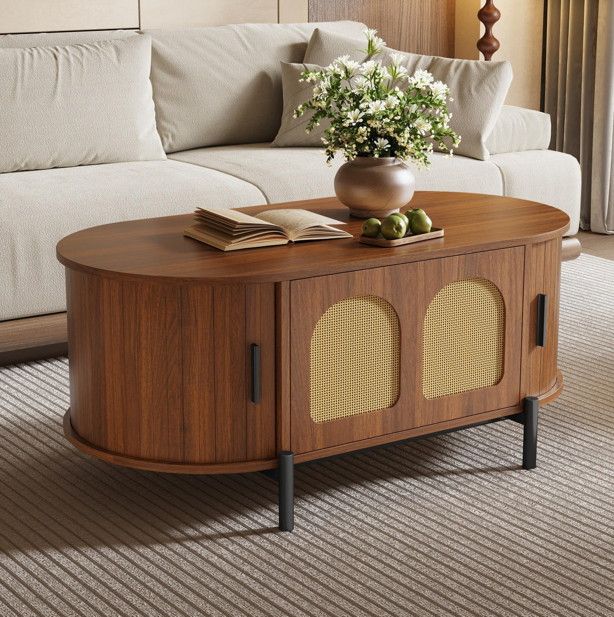 COUCHTISCH oval mit Stauraum 100 x 50 cm Holzoptik Rattan - Braun, Holz (100/50/40cm) - Meubliv