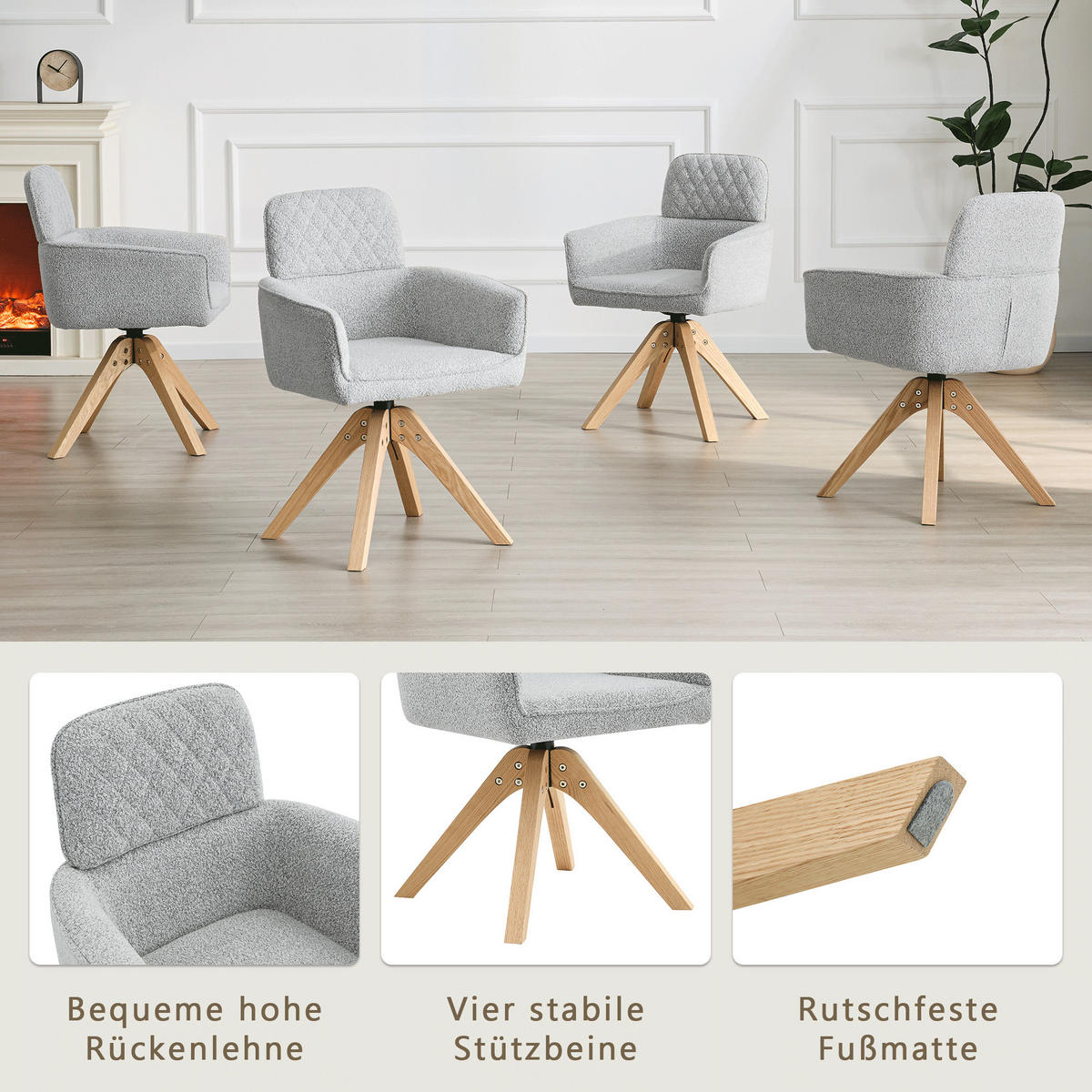 ARMLEHNSTUHL-SET DE-36622 2 Stück mit Stoffbezug und Massivholzbeinen Grau - Hellgrau, Holz (51/85/53cm) - ComfortXL