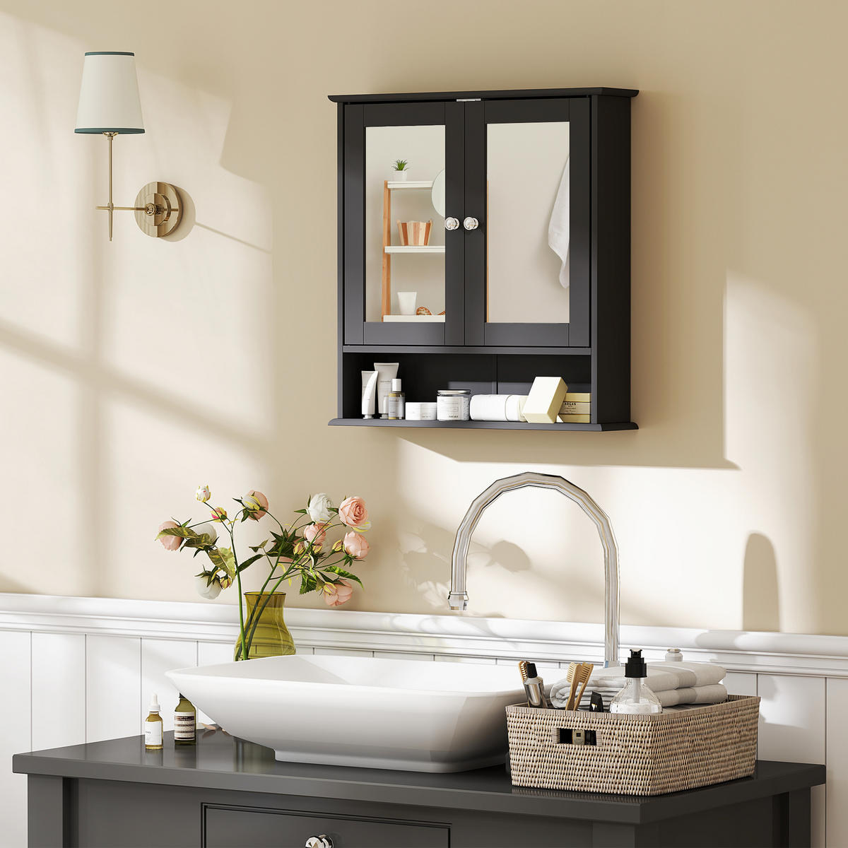SPIEGELSCHRANK ,offenem Fach, verstellbarem Einlegeboden, 56 x 13 x 58 cm ,Schwarz - Schwarz, Glas (56/58/13cm) - Vallsero