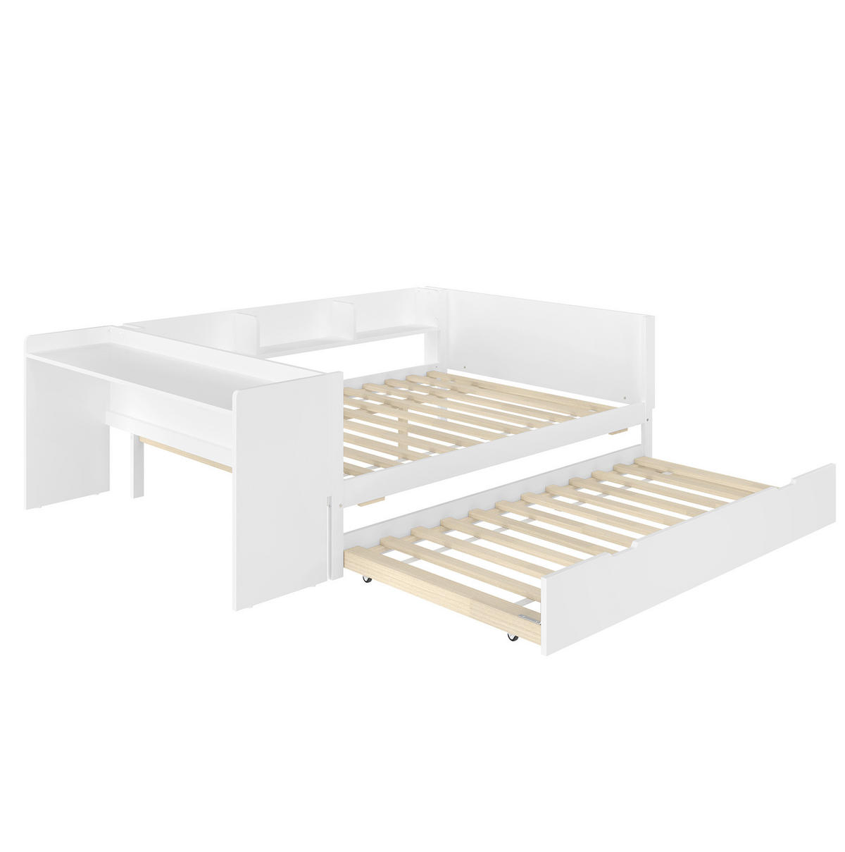 POSTEL s psacím stolem 140/200 cm bílá z borovice a MDF s výsuvným lůžkem a policemi - bílá, dřevo (140/200cm) - OKWISH