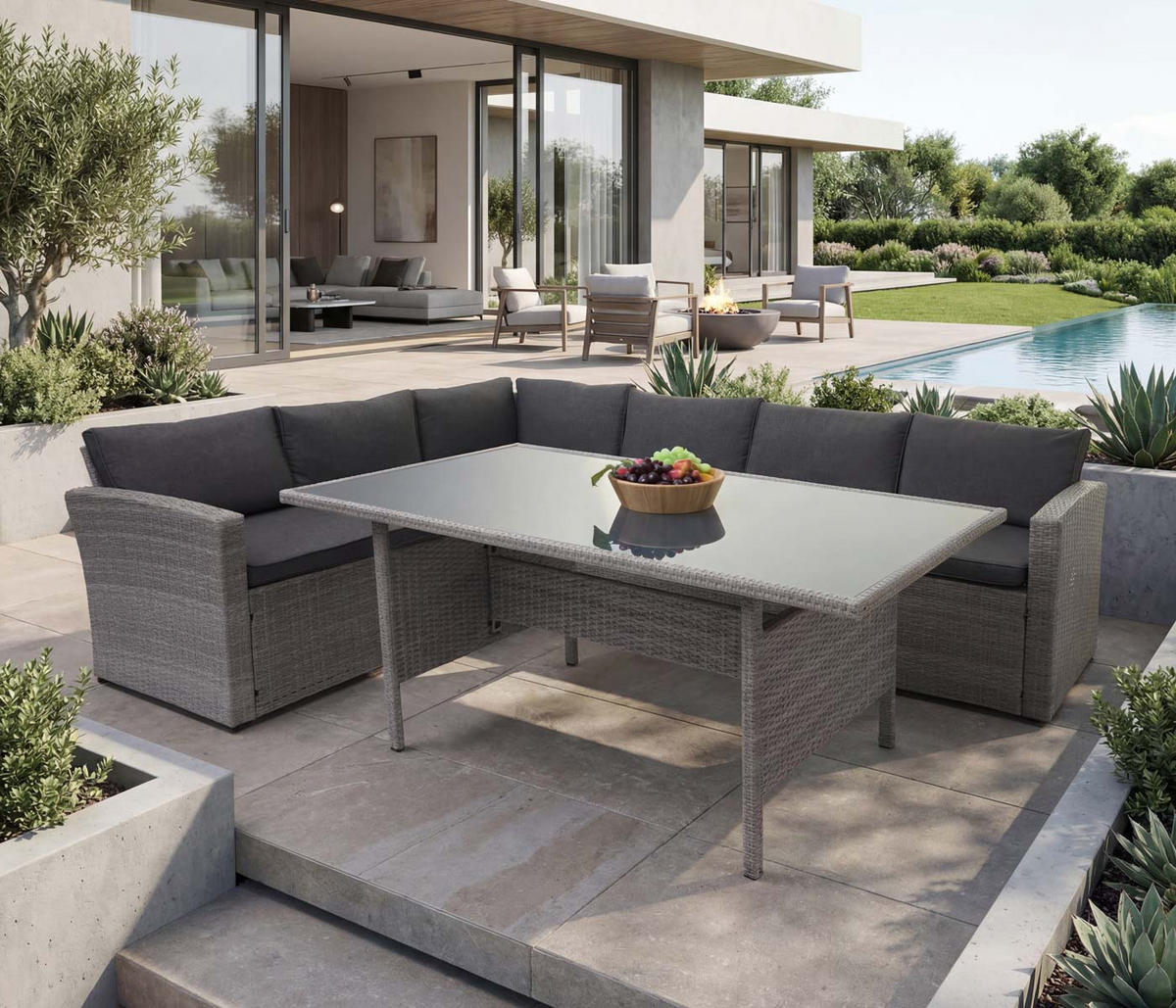 POLY-RATTAN-GARNITUR Grau - Grau, Kunststoff - MCW