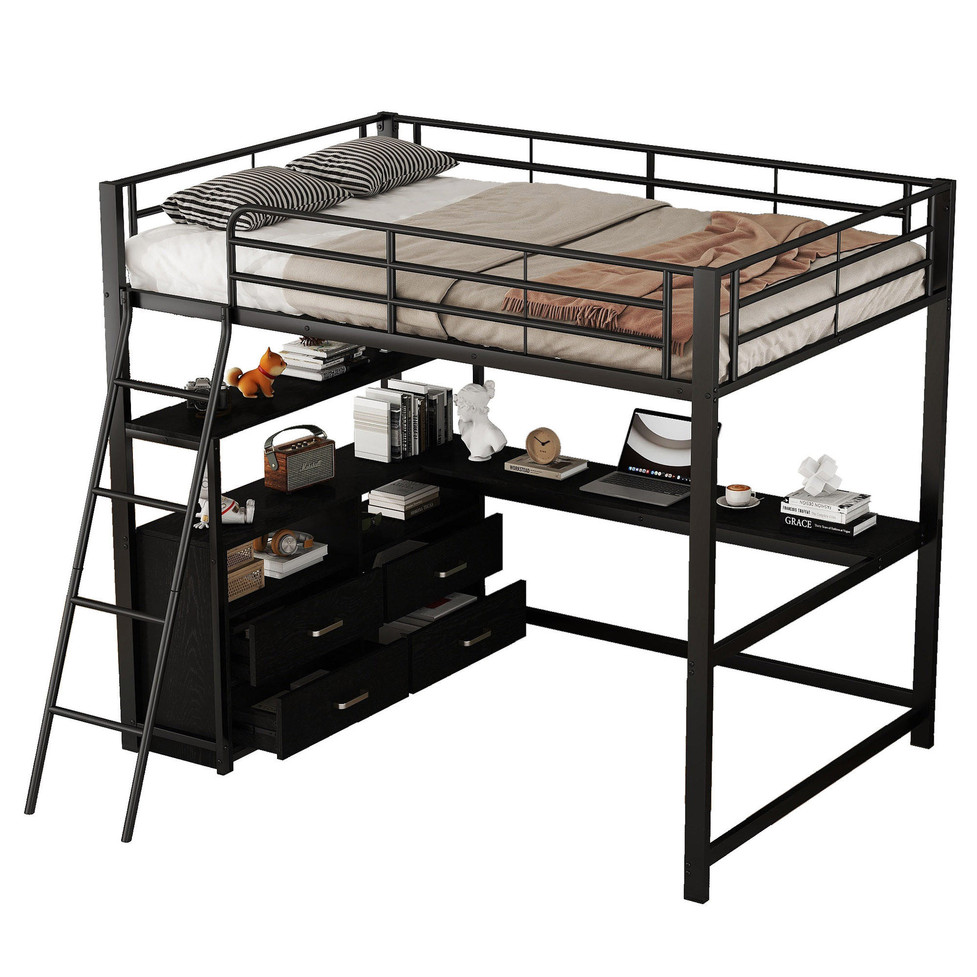 HOCHBETT 140/200 cm schwarz mit L-förmigem Schreibtisch und praktischen Schubladen - Schwarz, Metall (140/200cm) - OKWISH