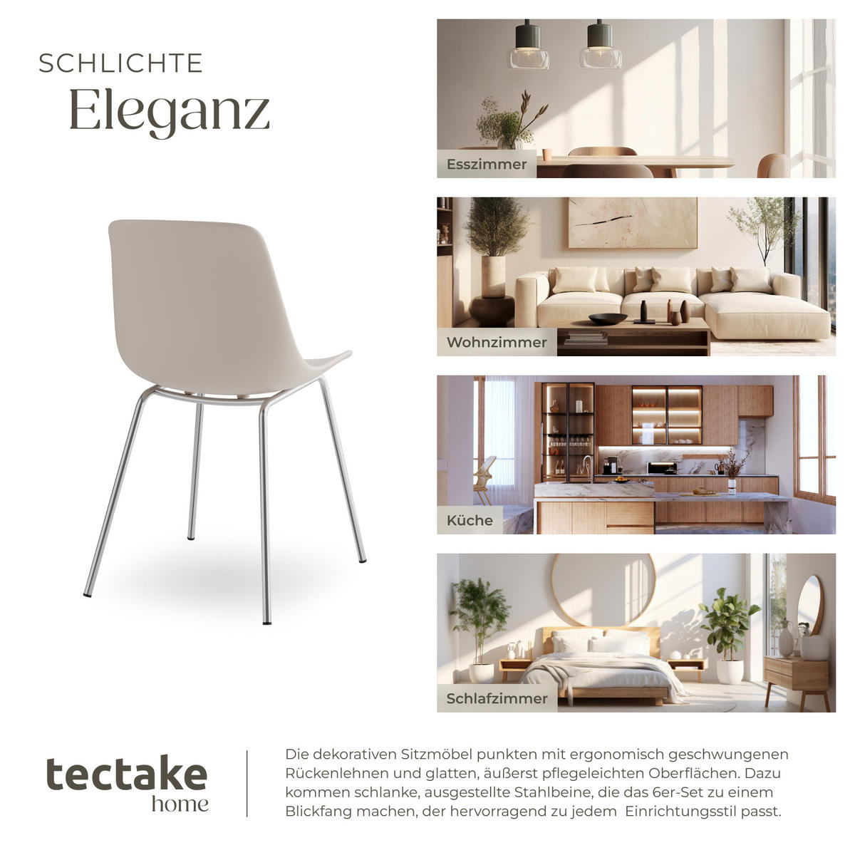 KUNSTSTOFFSTUHL 6er Set Mave 46 x 55 x 80 5 cm taupe/chrom - Taupe, Textil (46/80.5/55cm) - tectake
