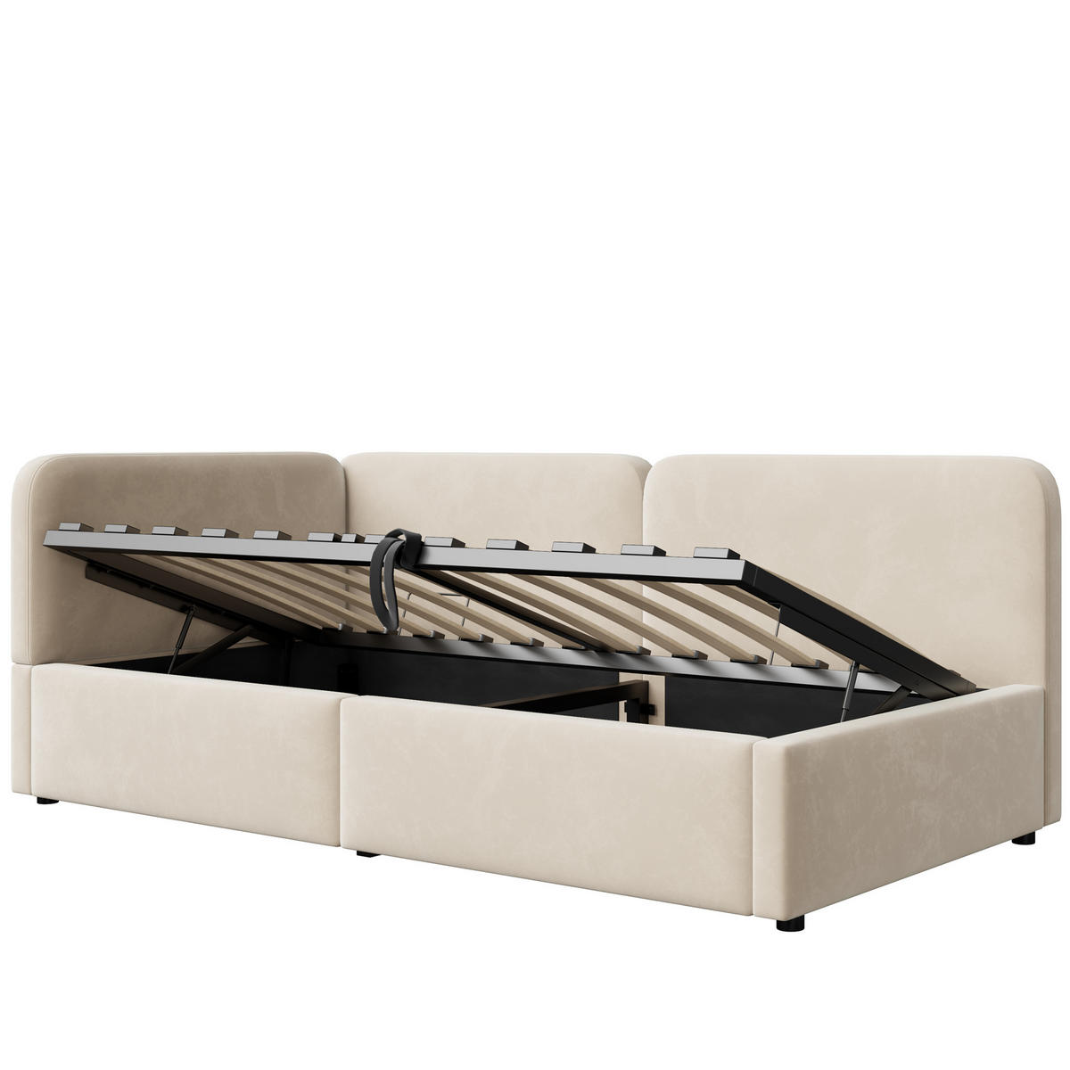 TAGESBETT 90/200 mit Bettkasten, Samtbezug, Lattenrost, Beige - Beige, Holz/Textil - LVHOM
