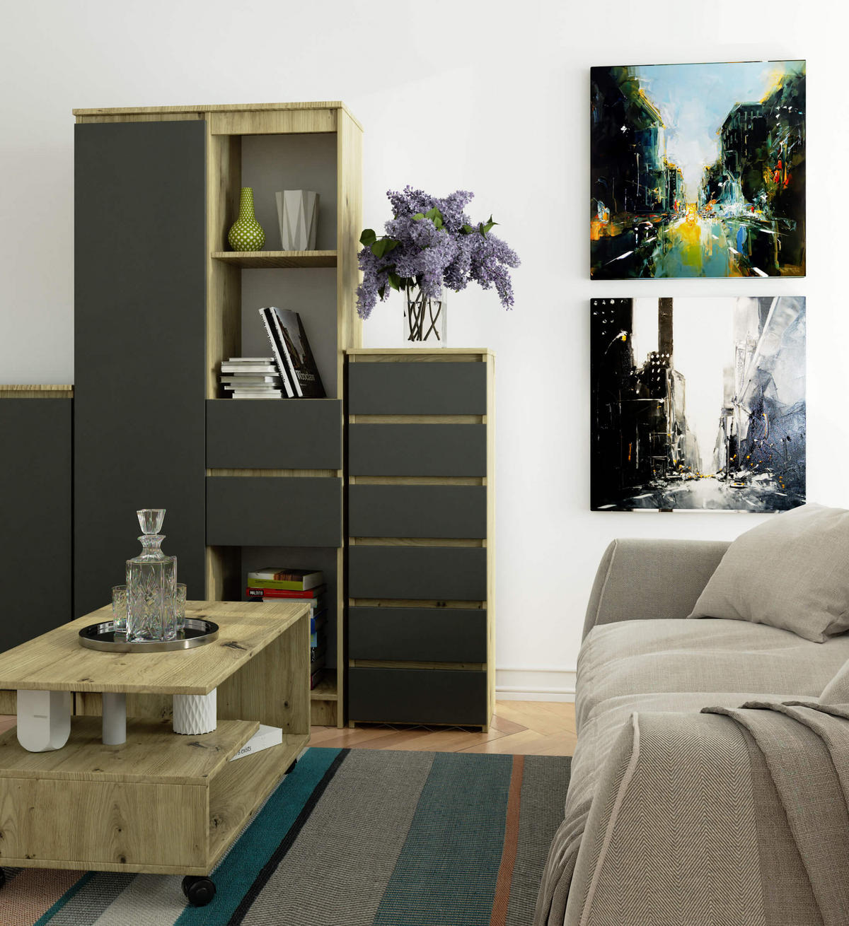 KOMMODE Eiche Artisan, Grau 40x35x109 cm - Eiche Artisan/Grau, Holzwerkstoff (40/109/35cm) - Akord