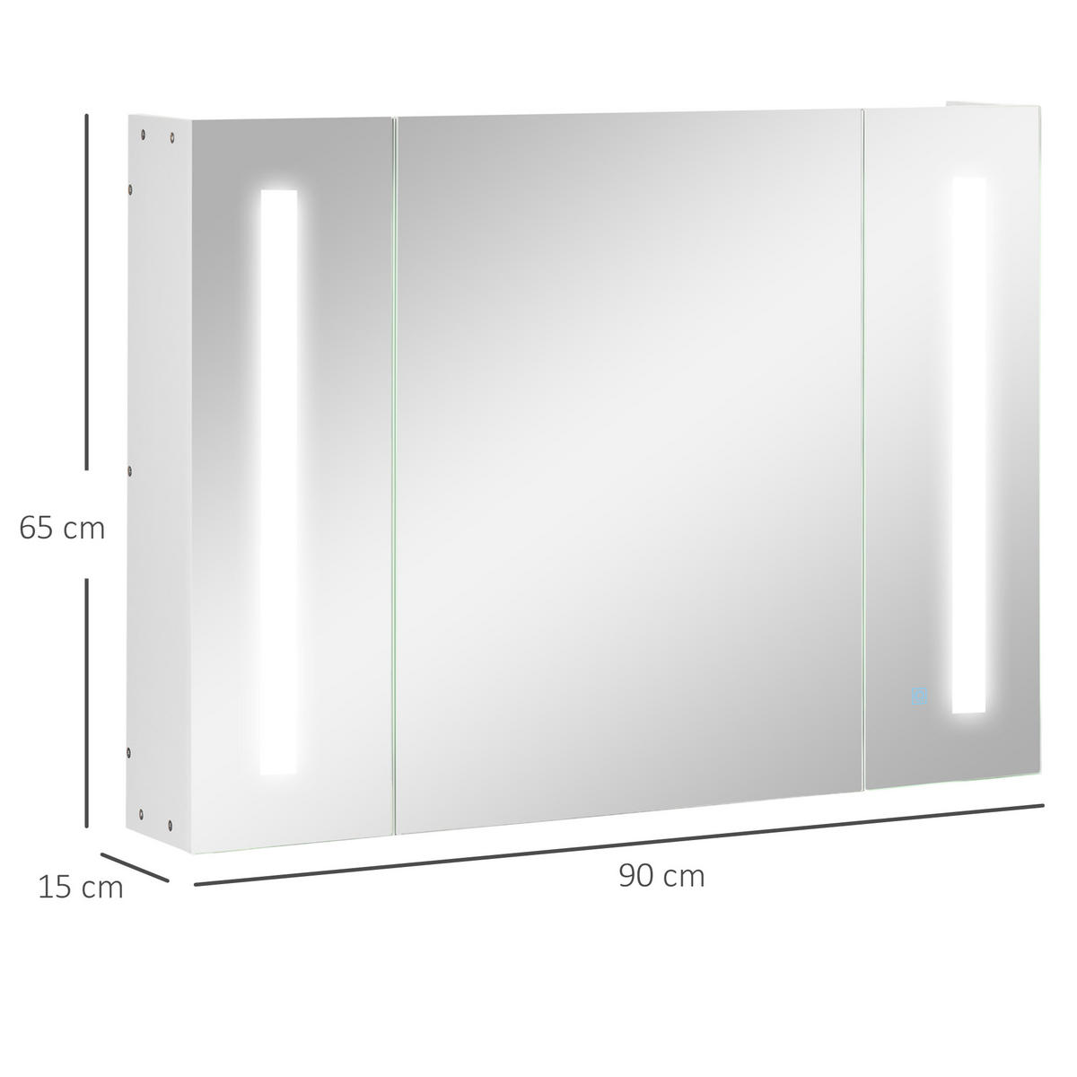 BADEZIMMER-SPIEGELSCHRANK mit 3 Schränken, 3 Ablagen und LED-Beleuchtung, 90 x 15 x 65 cm ,Weiß - Weiß, Glas (90/65/15cm) - Vallsero