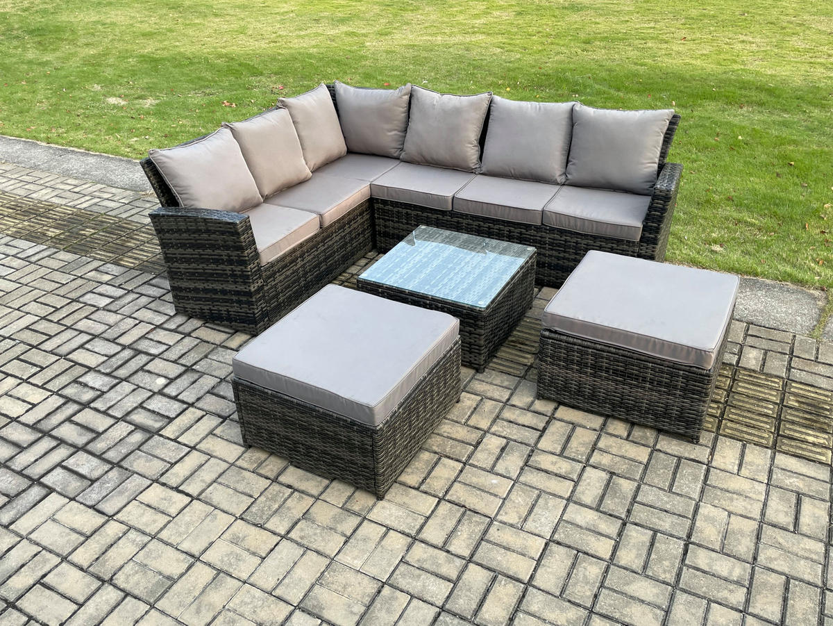 BALKONMÖBEL-SETS mit Ecksofa,Quadratischer Couchtisch,2 Sesseln Polyrattan Dunkelgrau 8-Sitzer - Dunkelgrau/Grau, Glas/Kunststoff - Fimous