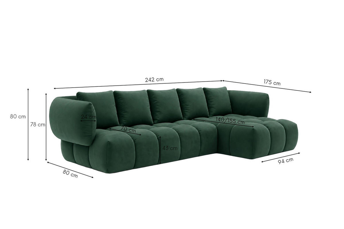 ROHOVÁ SEDAČKA ve tvaru L, velurová tkanina Bluvel, Zelená, Pravá strana, SEVIO L - zelená barva, dřevo (242/175cm) - Kaiser Möbel