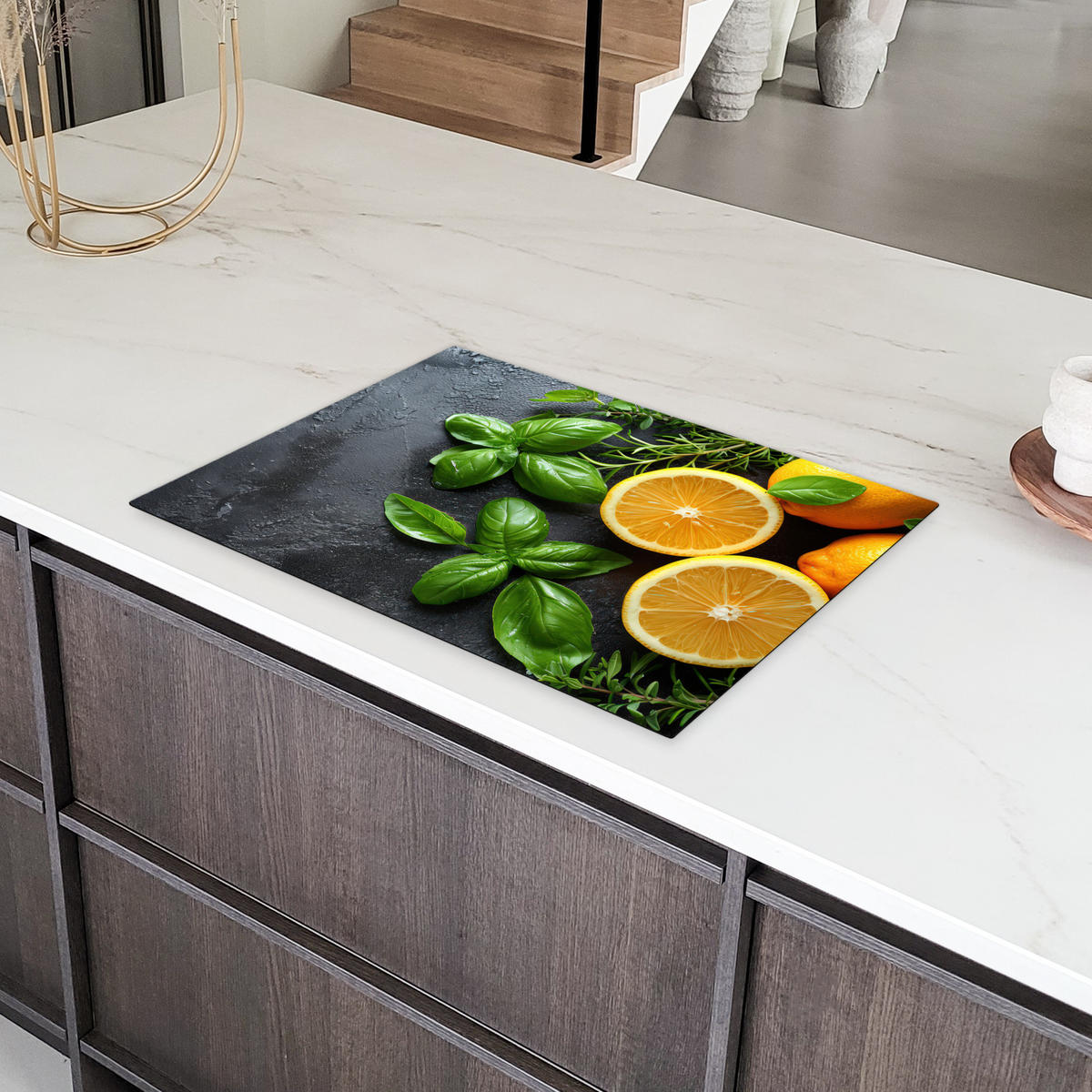 HERDABDECKPLATTE Obst - Grau - Konkret - Orange - Pflanzen Herdabdeckung Induktionsfeld 75x52 cm - Anthrazit, Kunststoff (75/52/0.2cm) - MuchoWow