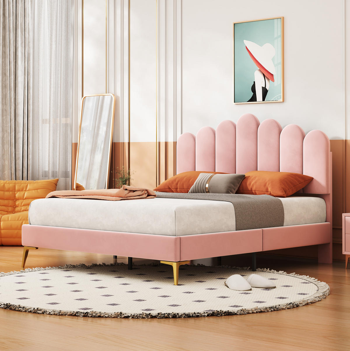 POLSTERBETT 140/200 cm rosa aus Samt mit höhenverstellbarem Kopfteil - Rosa, Textil (140/200cm) - OKWISH