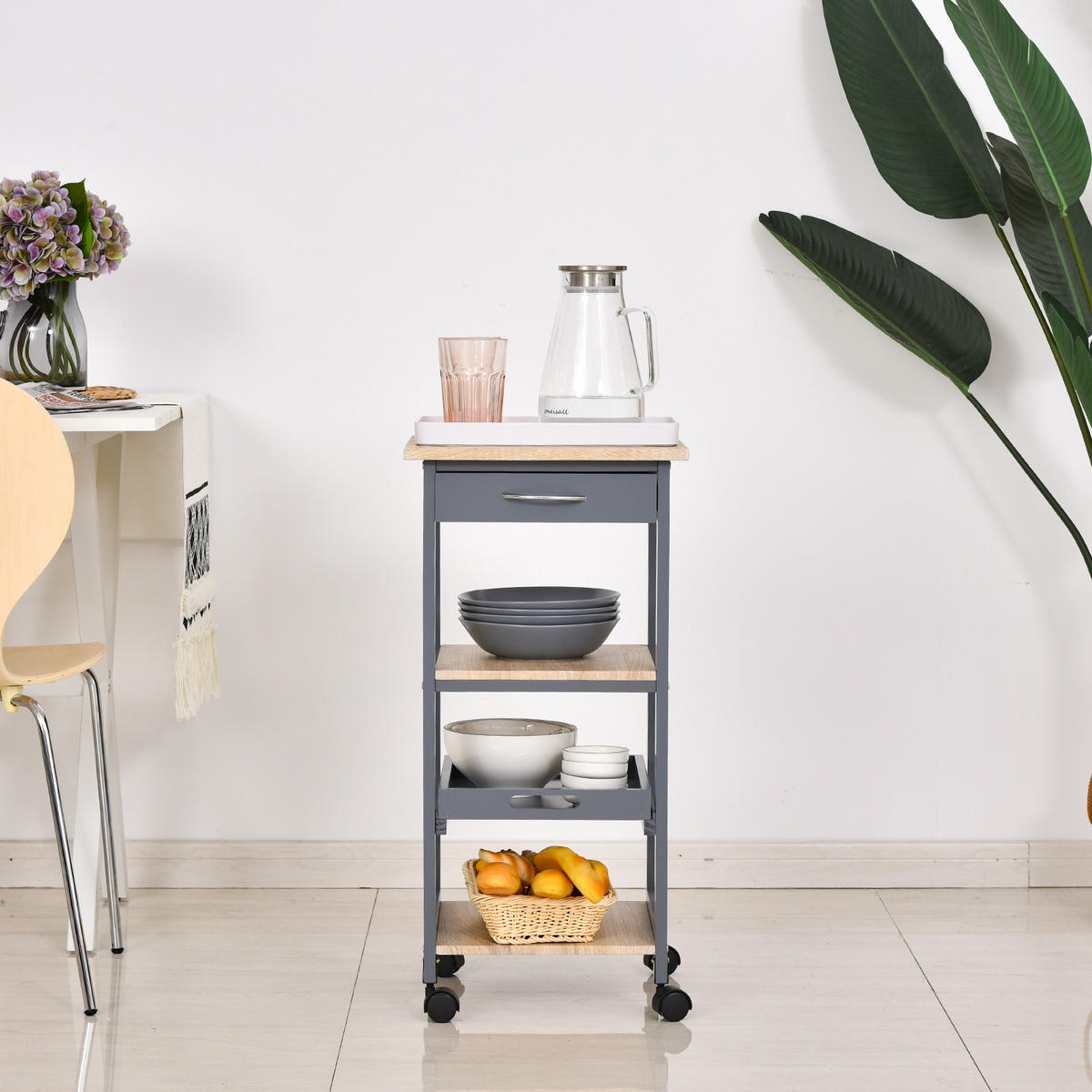 SERVIERWAGEN DE-17080 Grau & Hell-Eiche - Grau, Holzwerkstoff (37/76/37cm) - ComfortXL