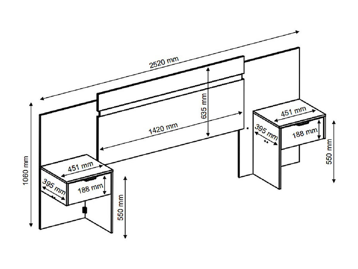 BETTKOPFTEIL ausziehbar mit integrierten Nachttischen - 140/160 cm - Naturfarben & Schwarz - PARATI - Schwarz, Holz (252/106/39.5cm) - Vente-Unique