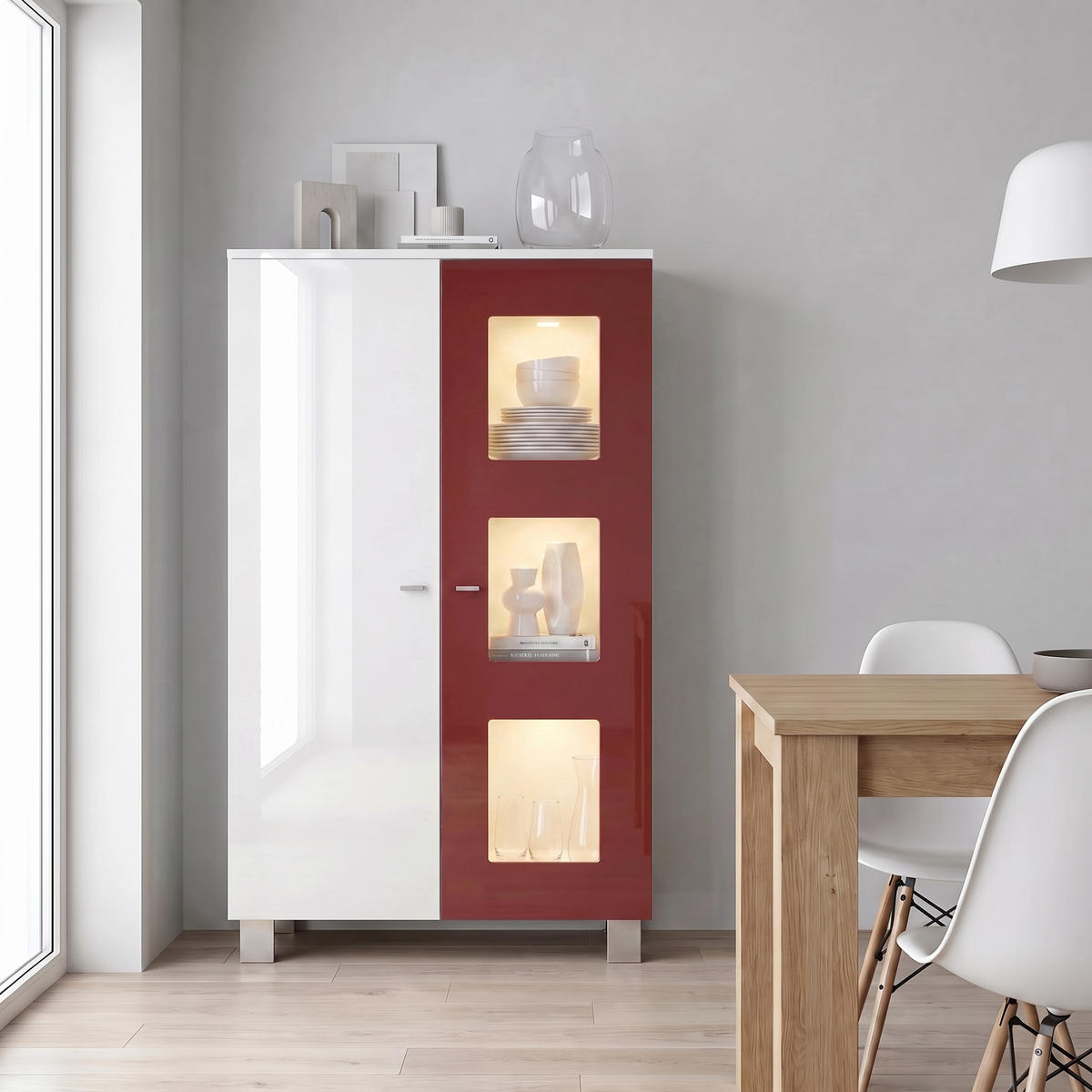 VITRINE Denjo Tür in Bordeaux Hochglanz - Bordeaux, Holzwerkstoff (71/129/35cm) - Vladon