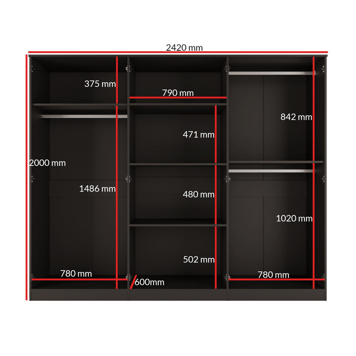 DREHTÜRENSCHRANK mit Spiegel Monza 6D 240 Schwarz - Schwarz/Grau, Holzwerkstoff/Metall (240/200/60cm) - mzm24