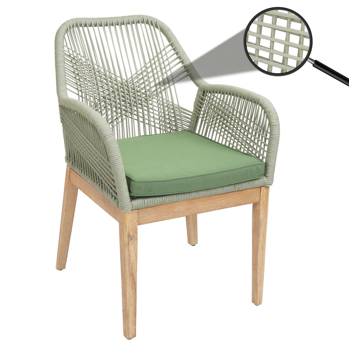 GARTENSTUHL HxBxT 85x58x59cm Sitzhöhe 47cm wetterfest Seilgeflecht Rope Holz Akazie Grün Kissen Grün - Grün, Holz (58/85/59cm) - PROREGAL