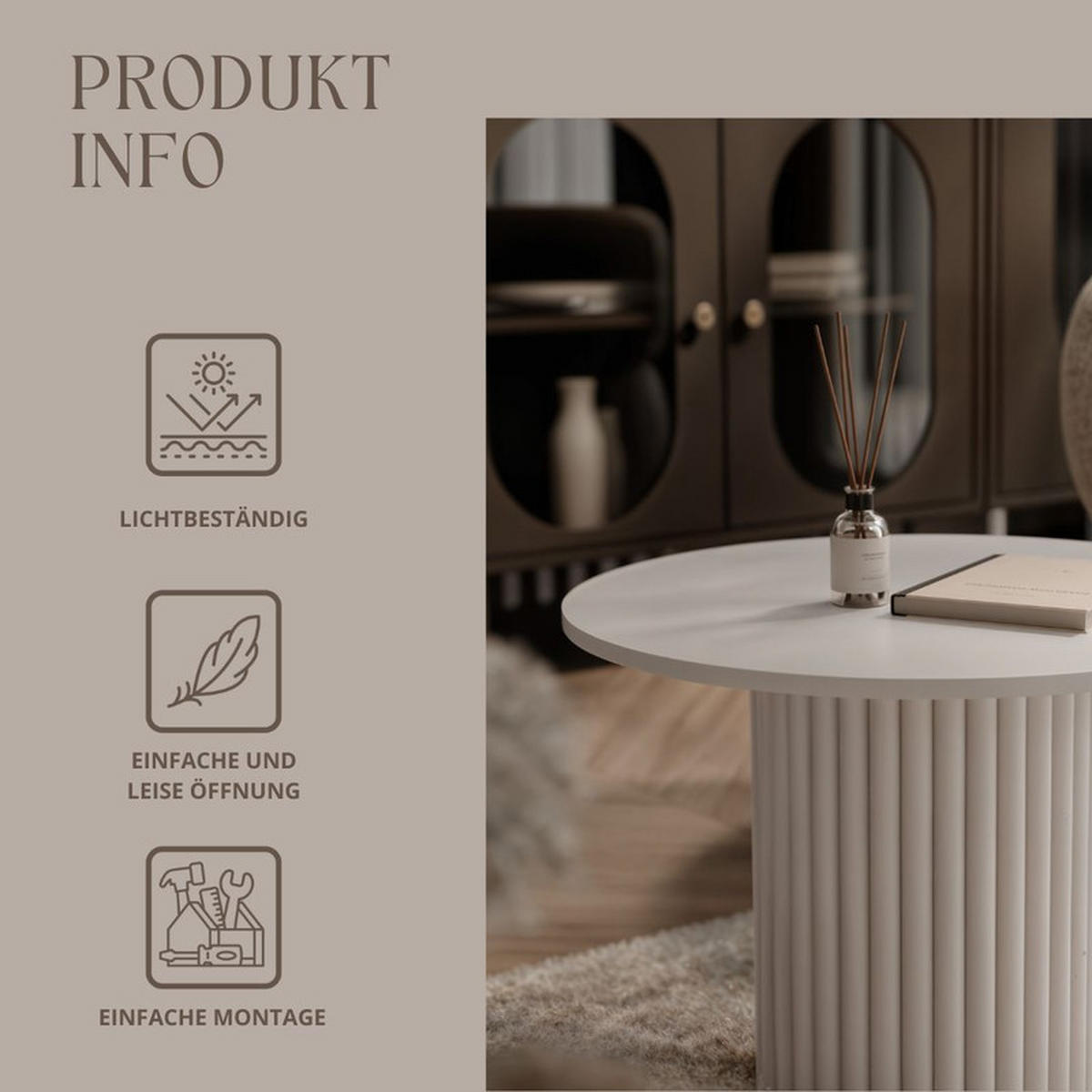 COUCHTISCH BARNEY mit geriffeltem Sockel, kaschmir - Kaschmir, Holzwerkstoff/Metall (60/60/38cm) - Idohome
