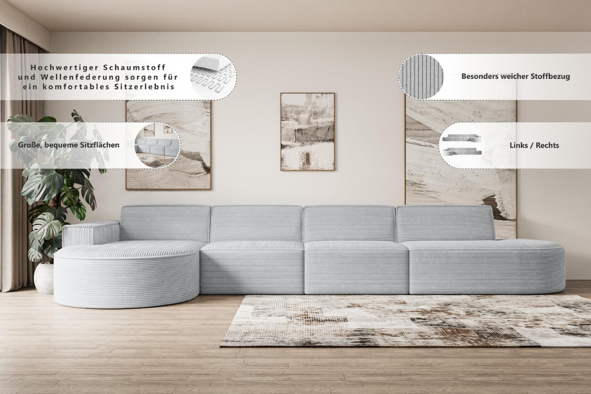 ECKSOFA Ottomane Rechts MARI-L3 - 402x163x81 cm Weiß Bouclé - Schwarz/Weiß, Holzwerkstoff/Kunststoff (402/163cm) - ALTDECOR