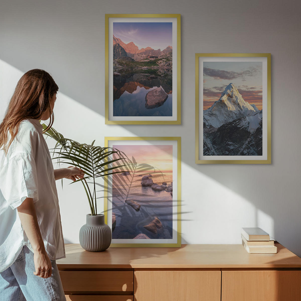 BILDER SET 3er Set - 40x60 cm Goldrahmen - Berglandschaften im Hintergrund - Goldfarben, Kunststoff (40/60cm) - TULUP
