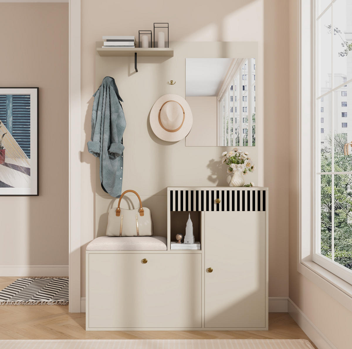 GARDEROBENSET 110/37/185,5 cm mit Spiegel, gepolsterter Sitzfläche, Soft-Close und verstellbaren Regalen, Beige/Creme - Beige, Holzwerkstoff (110/185.5/37cm) - Redom