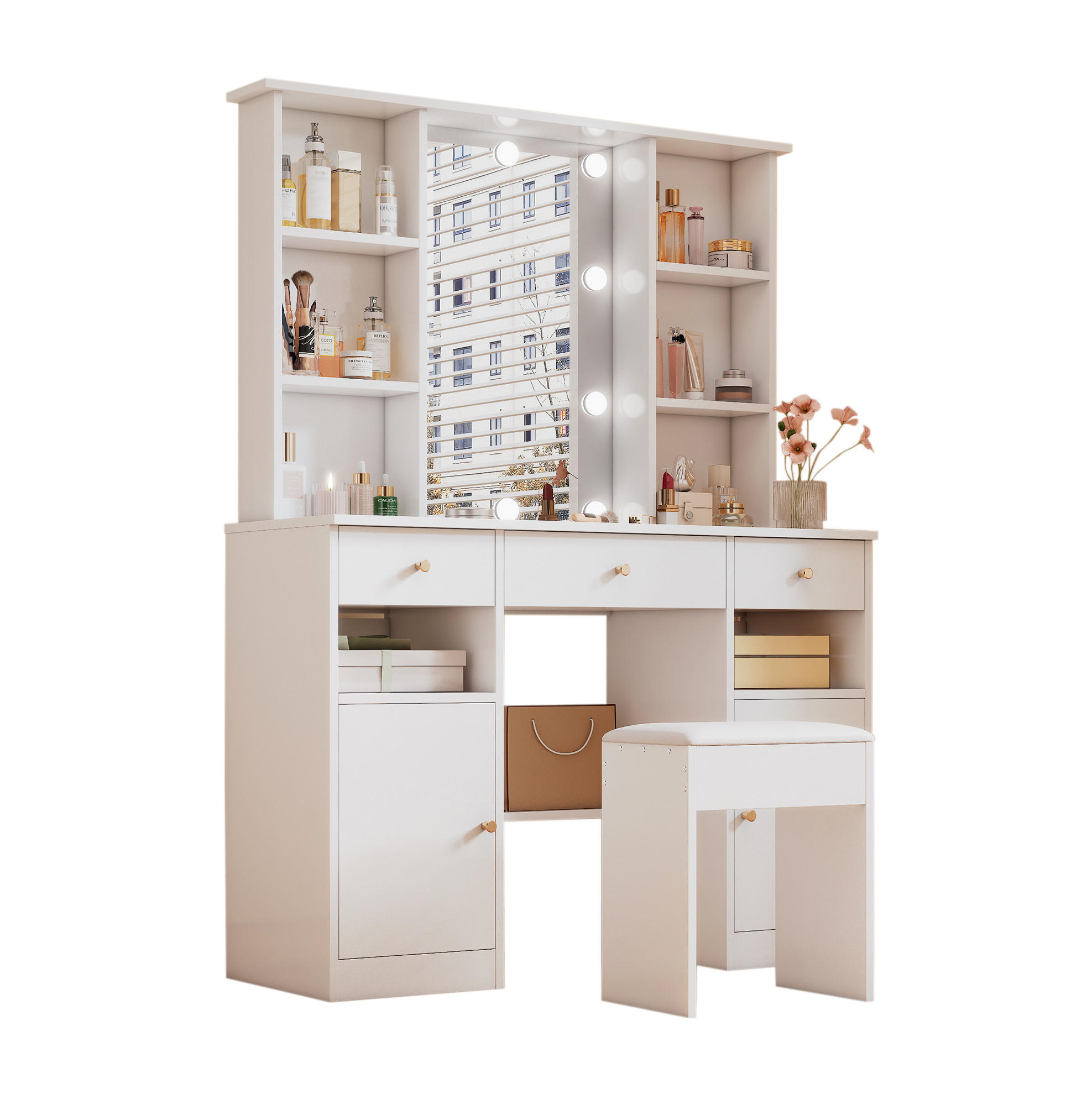 SCHMINKTISCH 110/40/151 cm Weiß mit LED-Beleuchtung Spiegel und Stauraum aus Spanplatte - Weiß, Holzwerkstoff (40/151/110cm) - OKWISH
