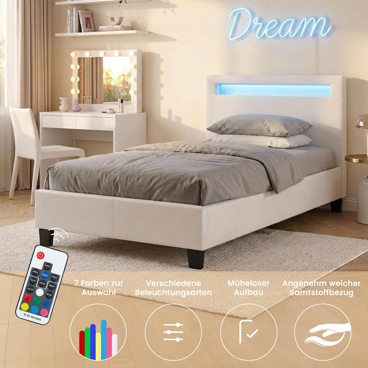POLSTERBETT MIT LED HIMALAYA 90x200 cm weiß - Weiß, Textil (90/200cm) - CARO-Möbel