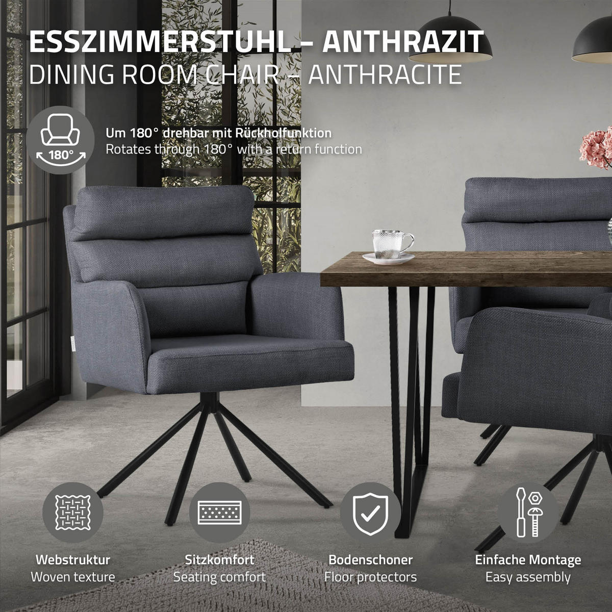 ESSZIMMERSTUHL Anthrazit - Anthrazit/Schwarz, Textil/Metall (64.5/93/64cm) - ML-DESIGN