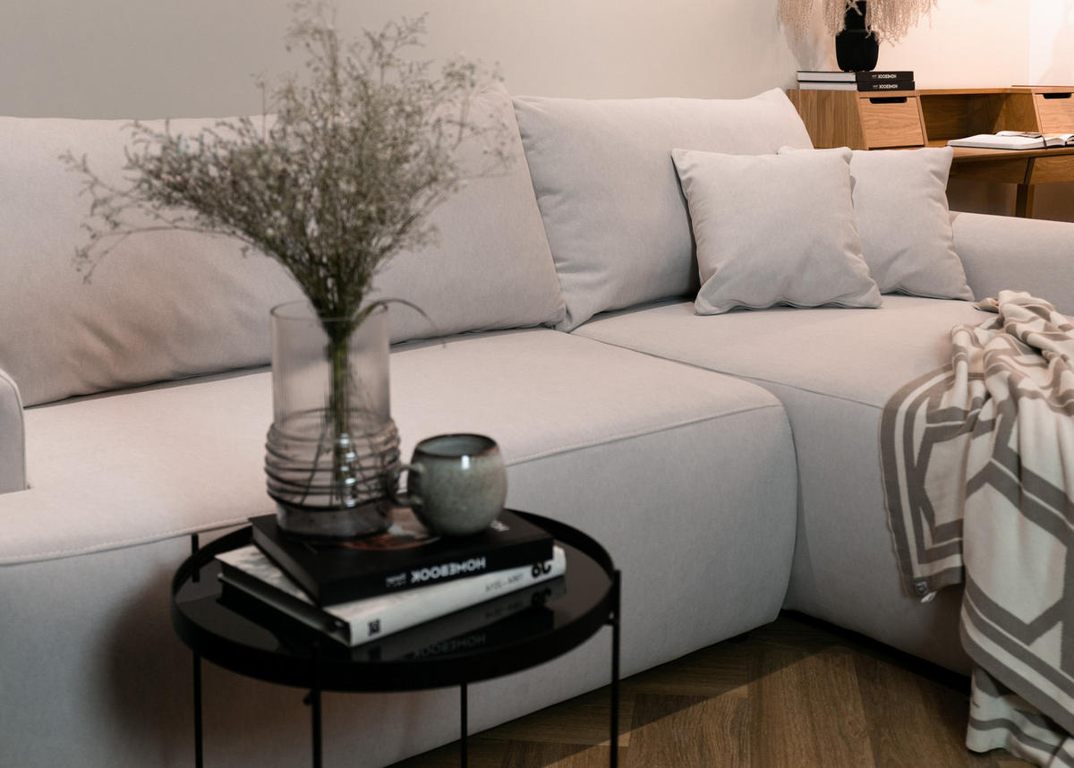 ECKSOFA Ovo Cremeweiß Velours - Creme/Schwarz, Kunststoff/Textil (260/165cm) - Selsey