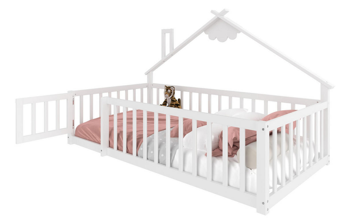 DETSKÁ posteľ 90/190 cm biela z borovice a MDF s domčekovým rámom a bočnicou so zámkom - biela, drevo (90/190cm) - OKWISH