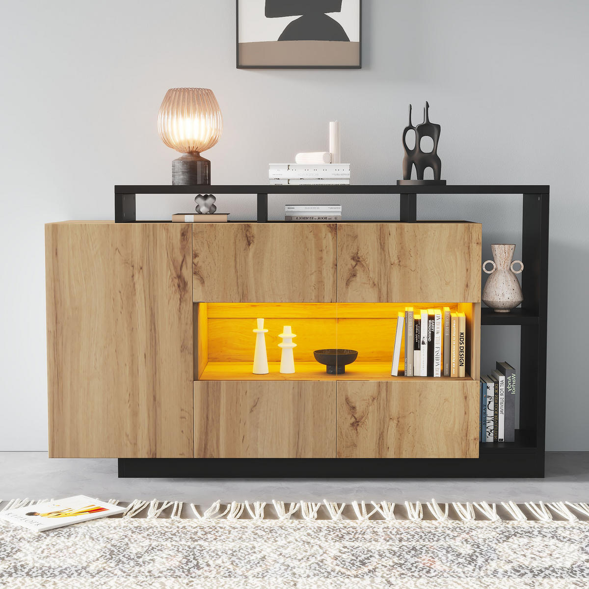 SIDEBOARD in Holzoptik 140/44/94 cm aus MDF mit LED-Beleuchtung, Bluetooth-Steuerung, und Stauraum - Naturfarben, Holzwerkstoff/Kunststoff (140/94/44cm) - CHICFURN